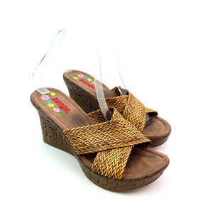 Bongo Womens Size 8.5 Neutral Brown Slip On Woven Wedge Slide Sandals